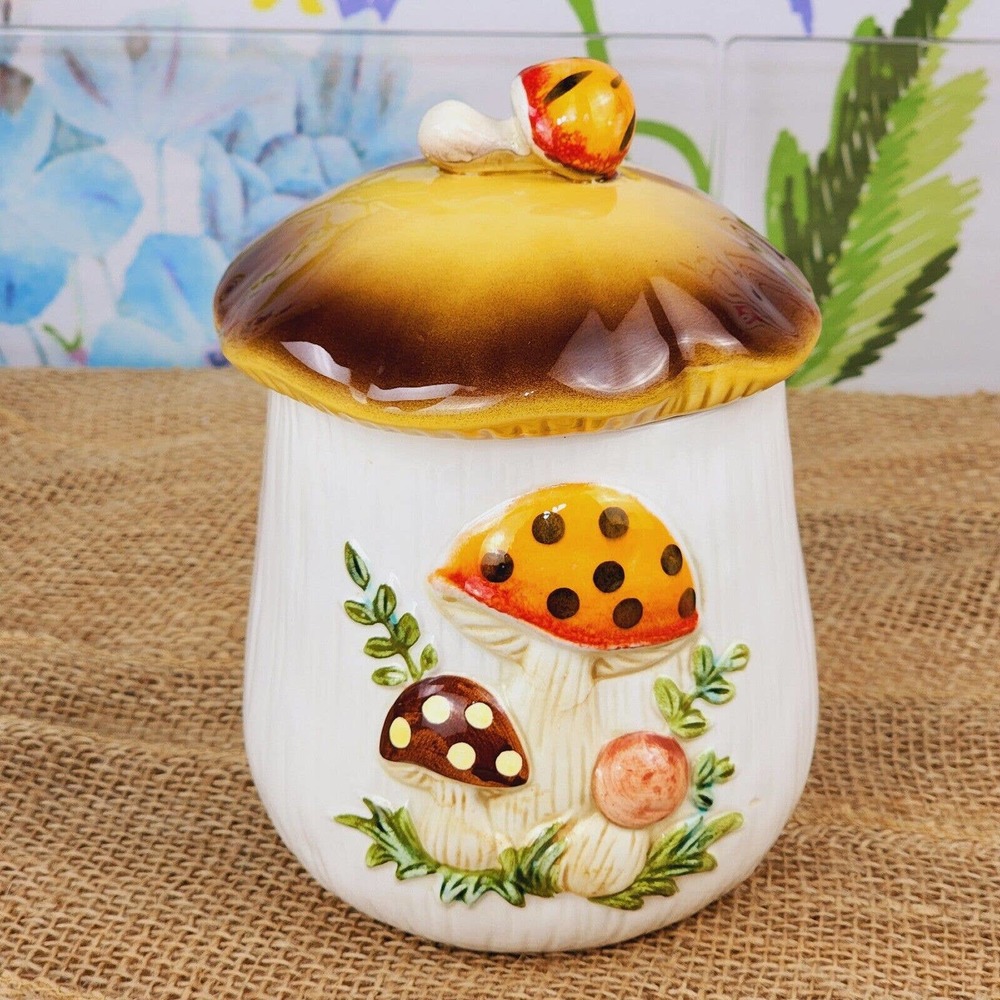 MCM Sears Roebuck Merry Mushroom 7.5" Canister Jar w Lid Vintage 1978